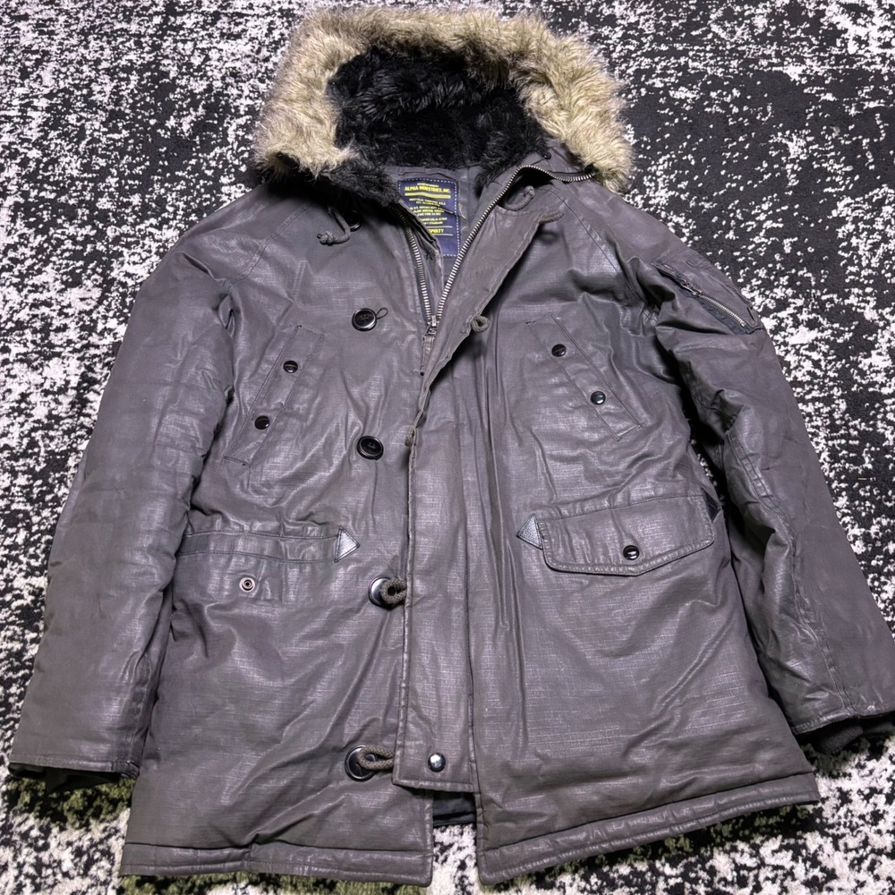 Alpha Industries N-3B Parka Jacket Grey Ripstop Faux Fur Hood Mens Medium